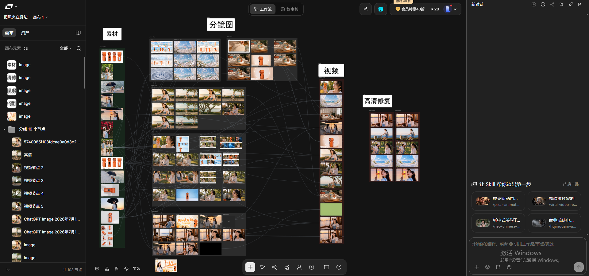 小风扇项目的 AI 工作流画布，包含素材、分镜图、视频与高清修复节点